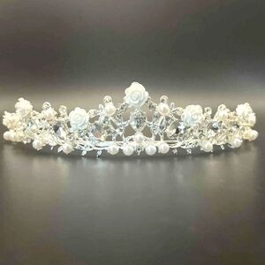 Princess Bride Wedding Tiara White Roses & Pearls & Rhinestones Wreath Style NEW